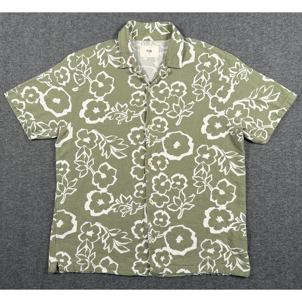 Folk Clothing Shirt Mens Large Green Floral Hawaiian Cuban Open Collar Woven